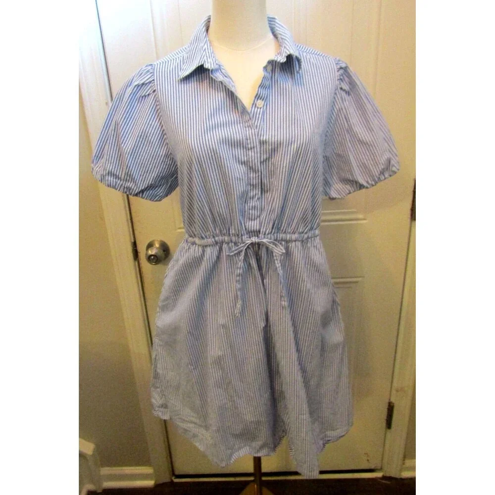 J.Crew Factory Mini Dress Blue White Striped Collar Draw String Waist Size 8